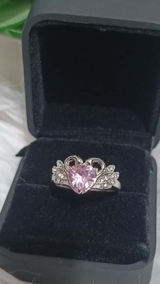 Romantic Heart-Shaped Pink Gemstone Ring with Winged Design